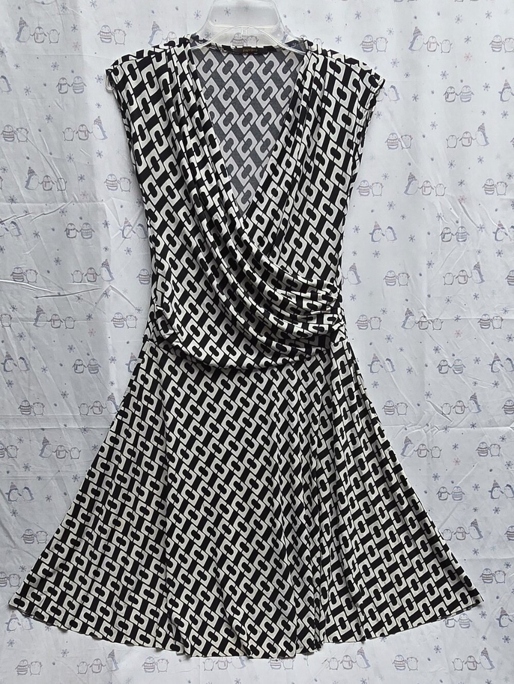 Soprano Black & White Geometric Wrap Dress. Size S